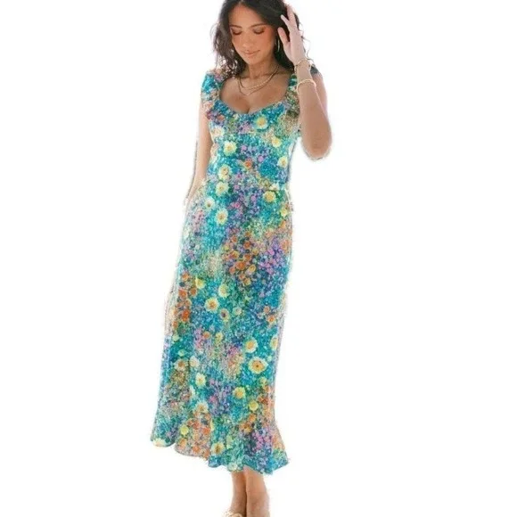 Show Me Your Mumu Alexis Midi Dress XS Painterly Petals Floral CoquetteNWOT - Picture 4 of 11